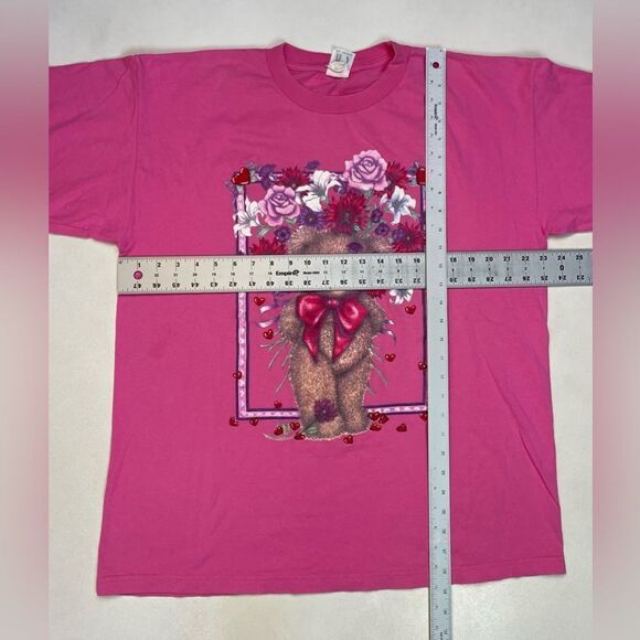 VINTAGE Bear Flower Graphic T-shirt Women XL Pink Short Sleeve - Picture 7 of 7